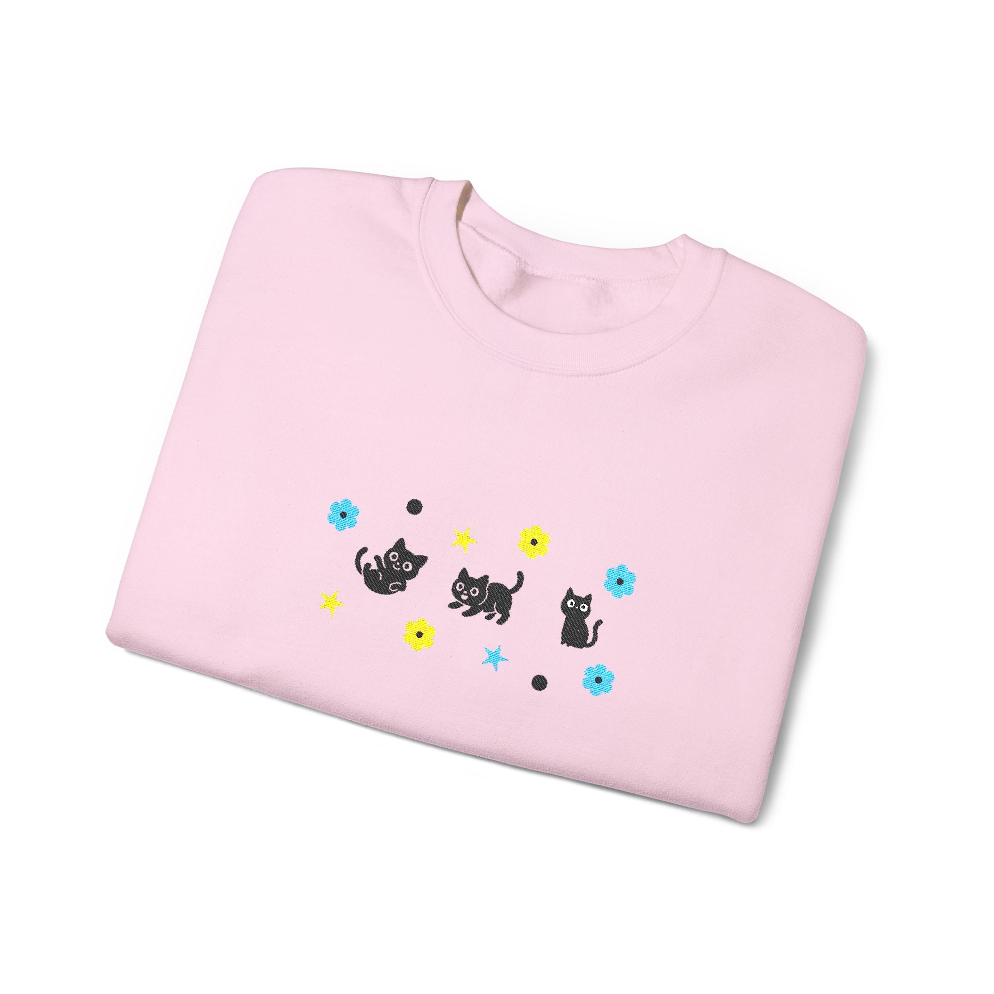 Cute Cat Pattern Crewneck Sweatshirt — Black Kittens with Stars & Flowers