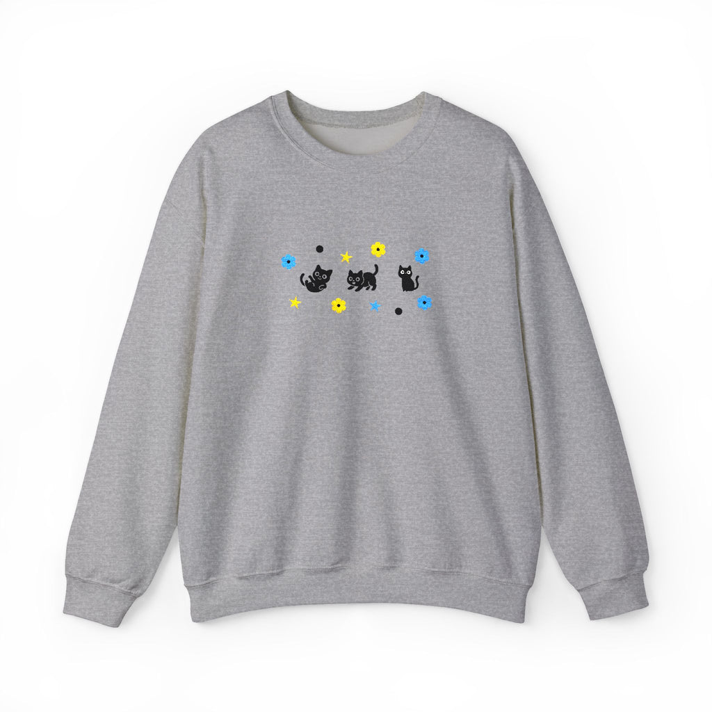 Cute Cat Pattern Crewneck Sweatshirt — Black Kittens with Stars & Flowers