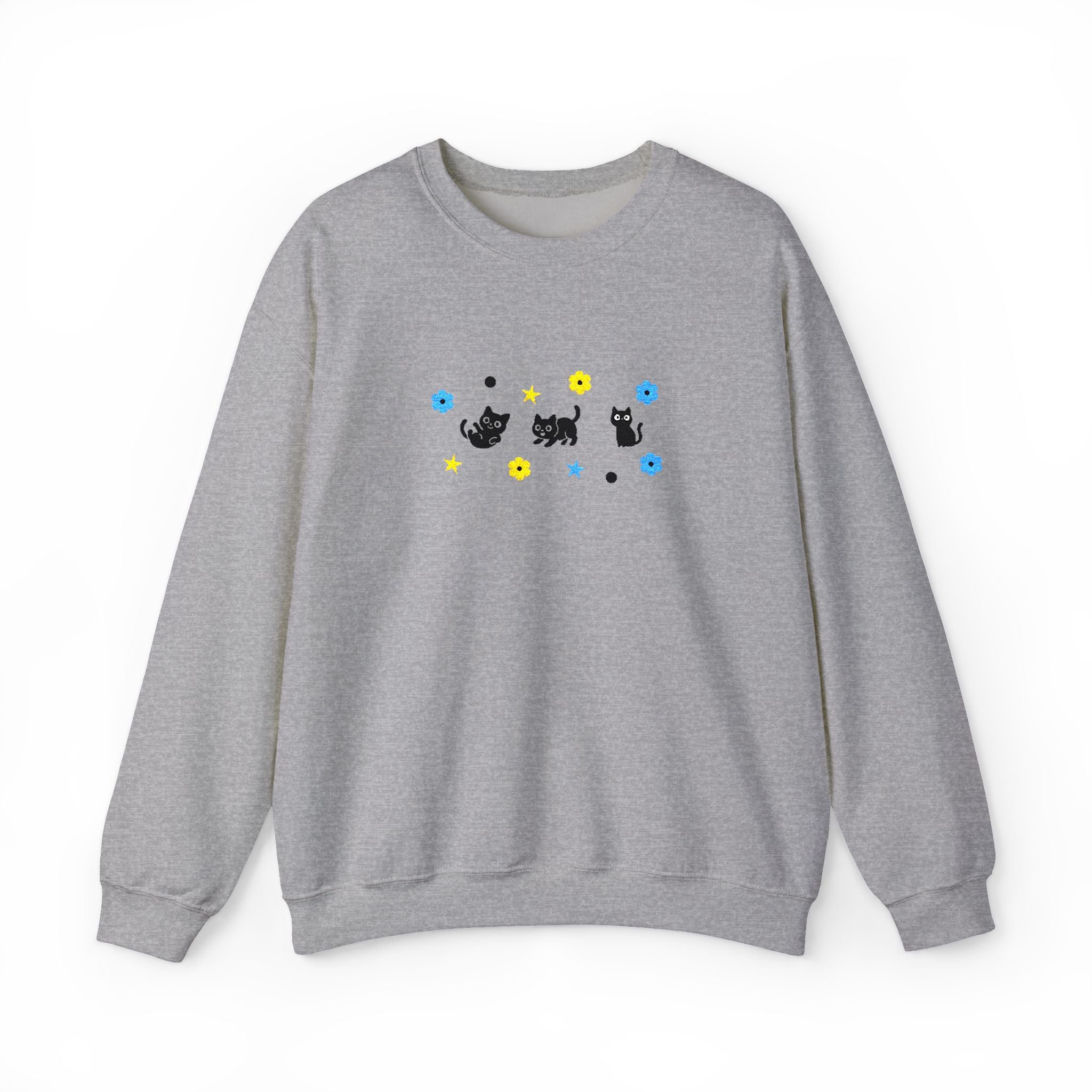 Cute Cat Pattern Crewneck Sweatshirt — Black Kittens with Stars & Flowers
