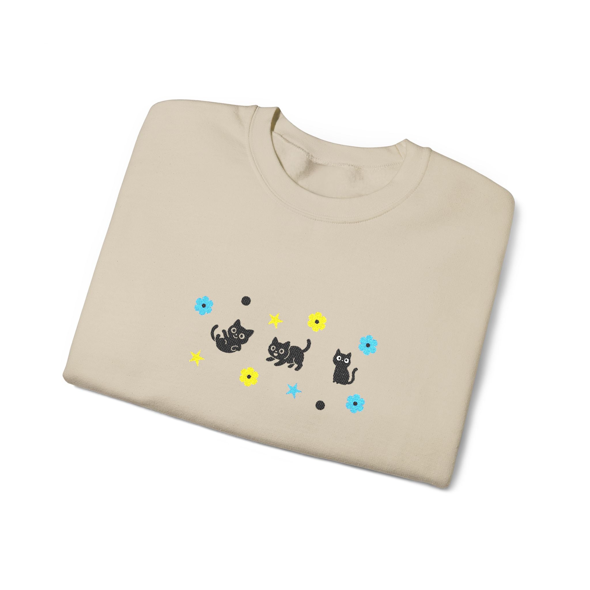 Cute Cat Pattern Crewneck Sweatshirt — Black Kittens with Stars & Flowers