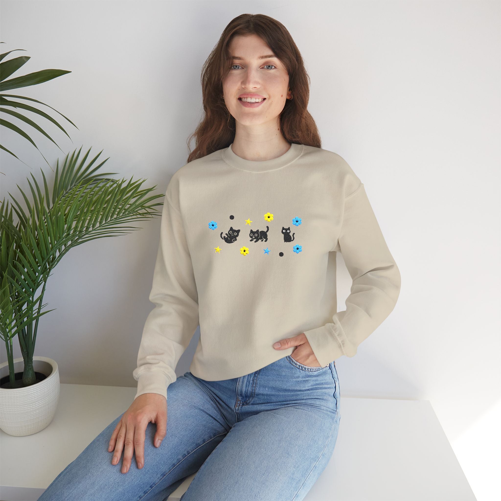 Cute Cat Pattern Crewneck Sweatshirt — Black Kittens with Stars & Flowers
