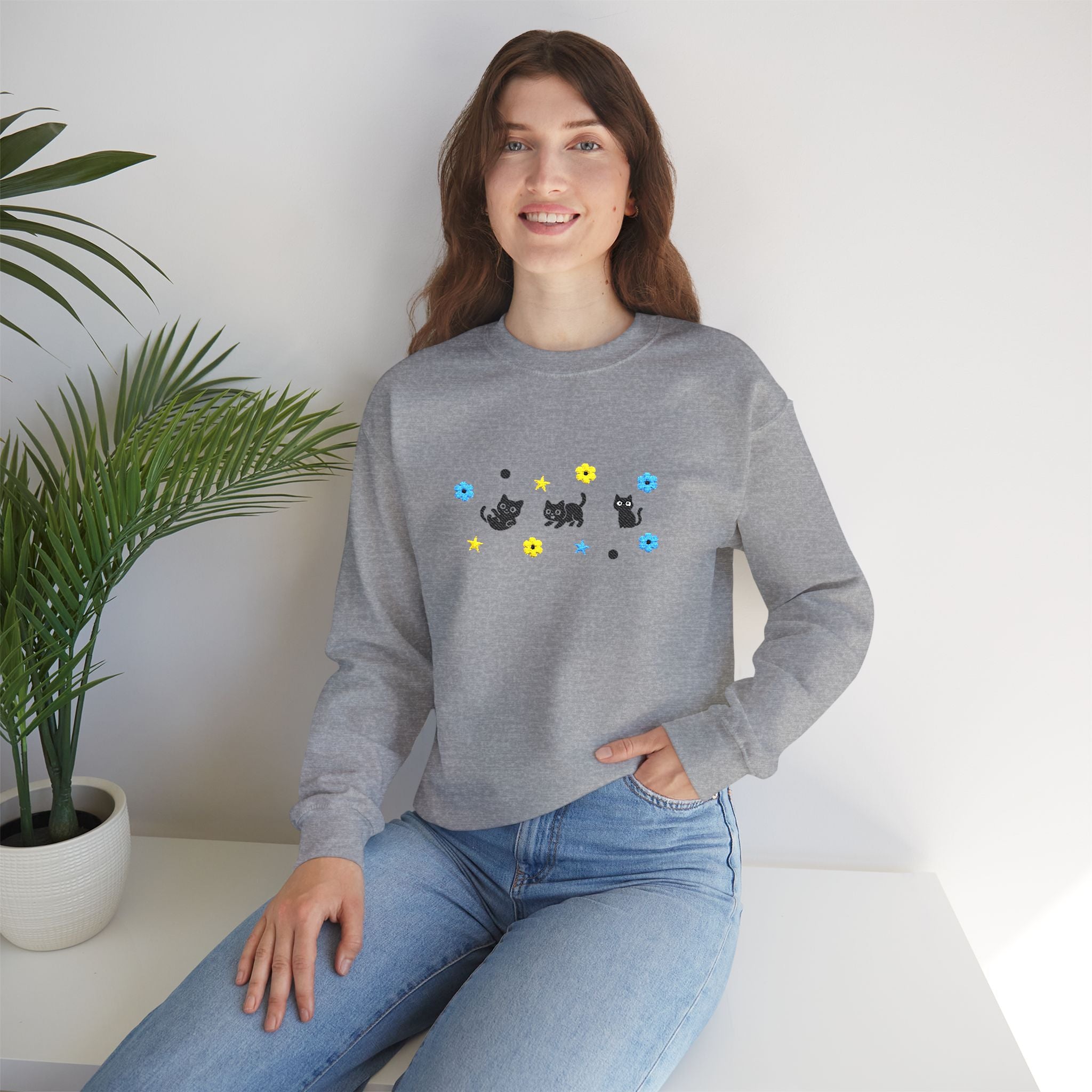 Cute Cat Pattern Crewneck Sweatshirt — Black Kittens with Stars & Flowers