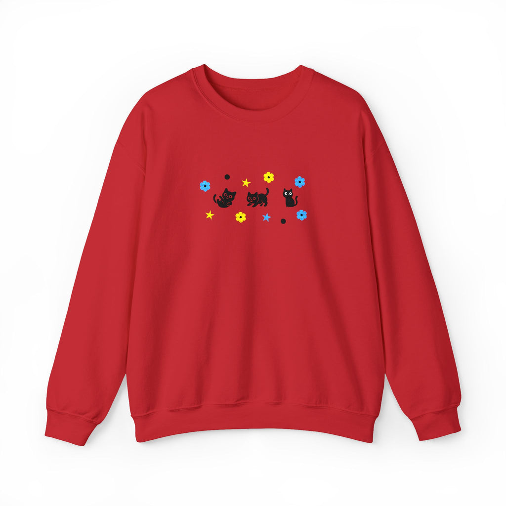 Cute Cat Pattern Crewneck Sweatshirt — Black Kittens with Stars & Flowers