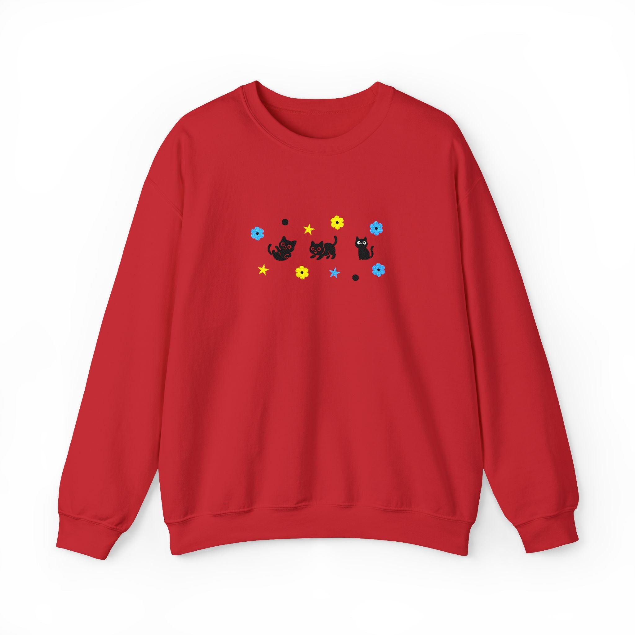 Cute Cat Pattern Crewneck Sweatshirt — Black Kittens with Stars & Flowers