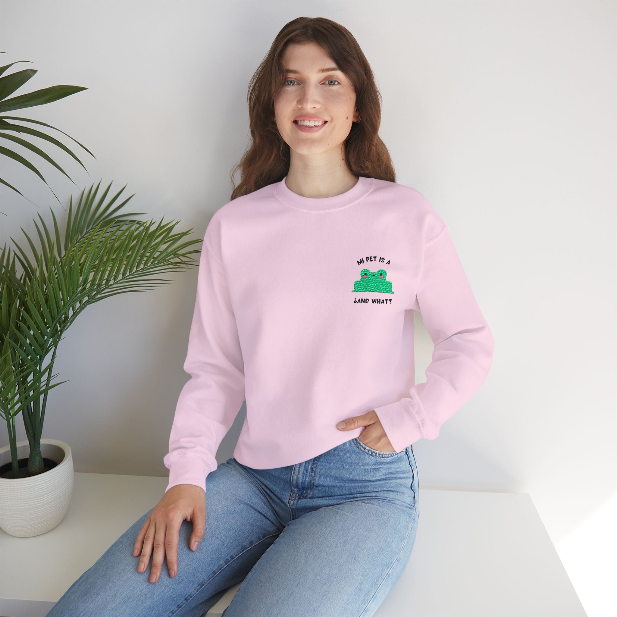 Crewneck Sweatshirt — Cute Green Frog “Ribbit” Pocket Graphic