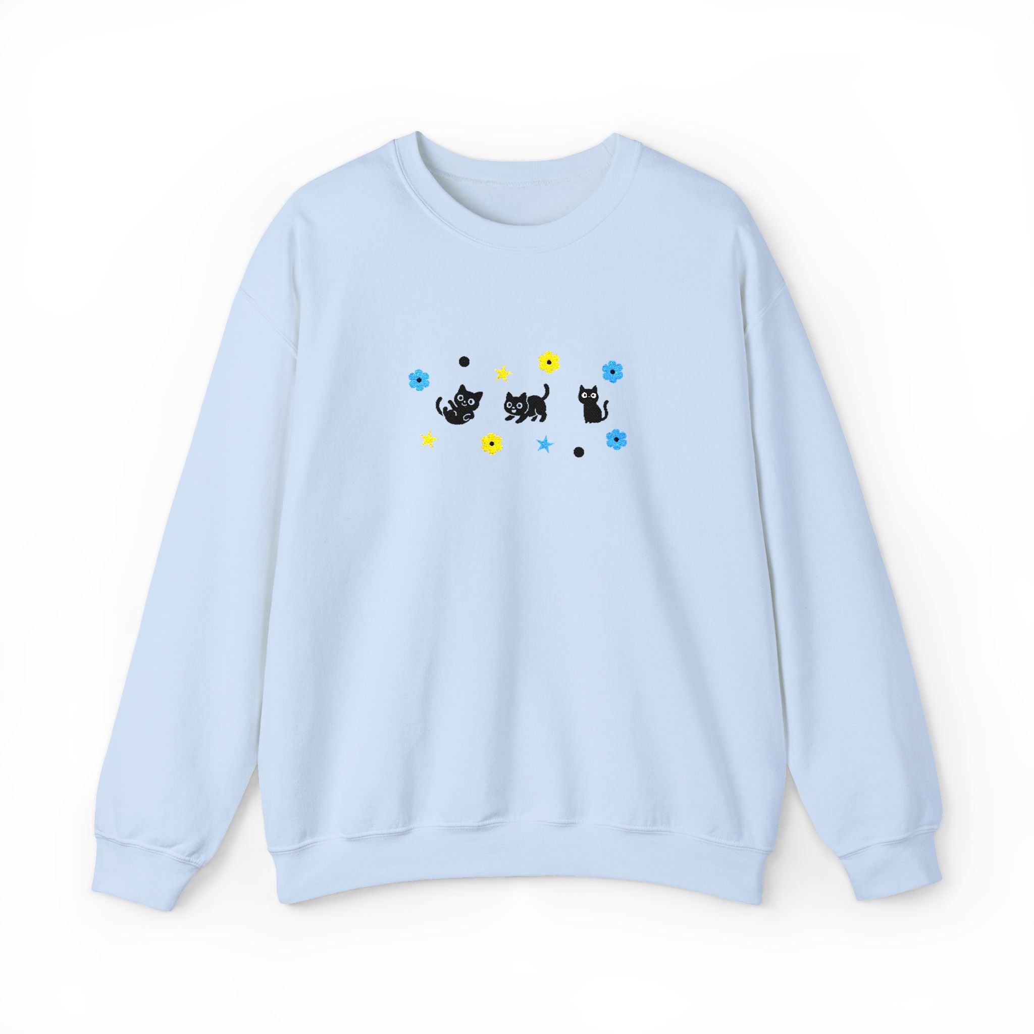 Cute Cat Pattern Crewneck Sweatshirt — Black Kittens with Stars & Flowers