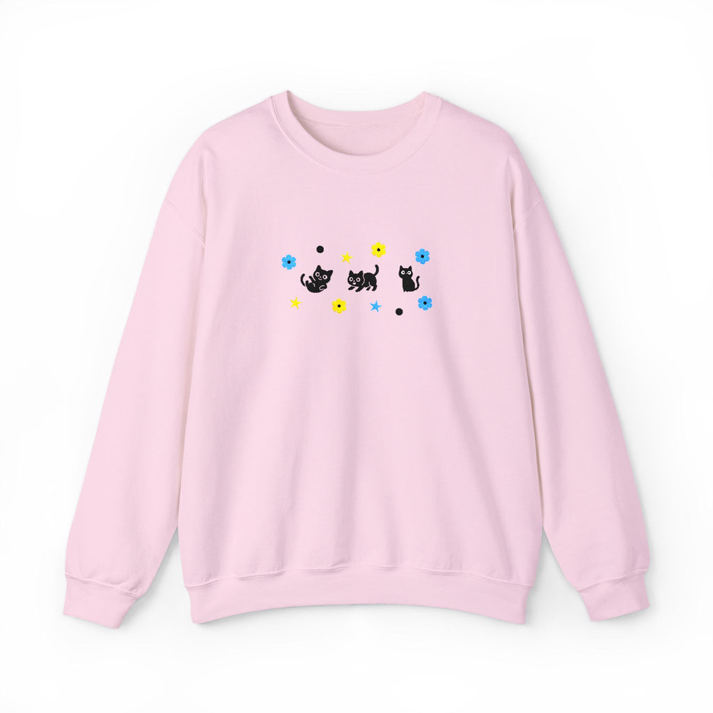 Cute Cat Pattern Crewneck Sweatshirt — Black Kittens with Stars & Flowers