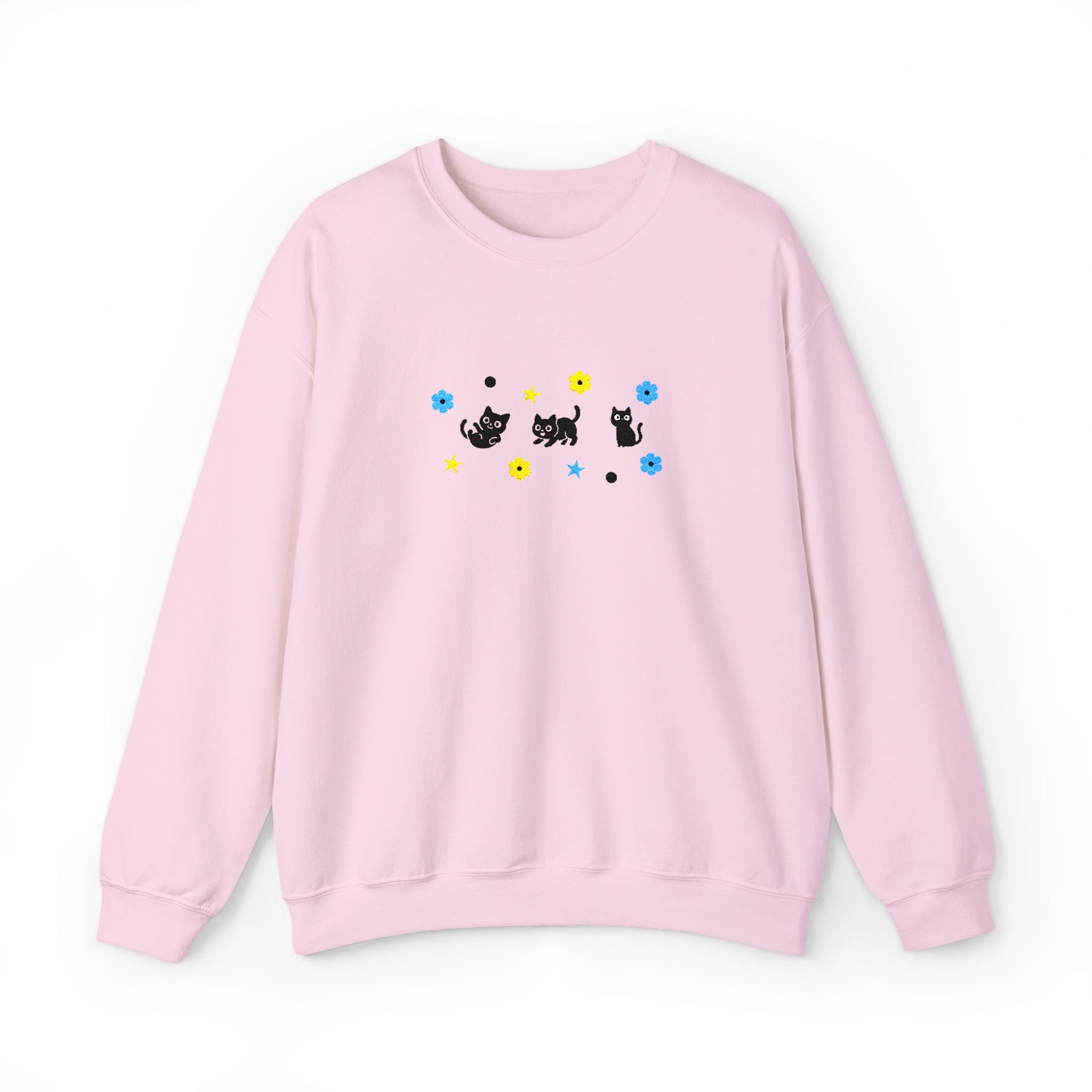 Cute Cat Pattern Crewneck Sweatshirt — Black Kittens with Stars & Flowers