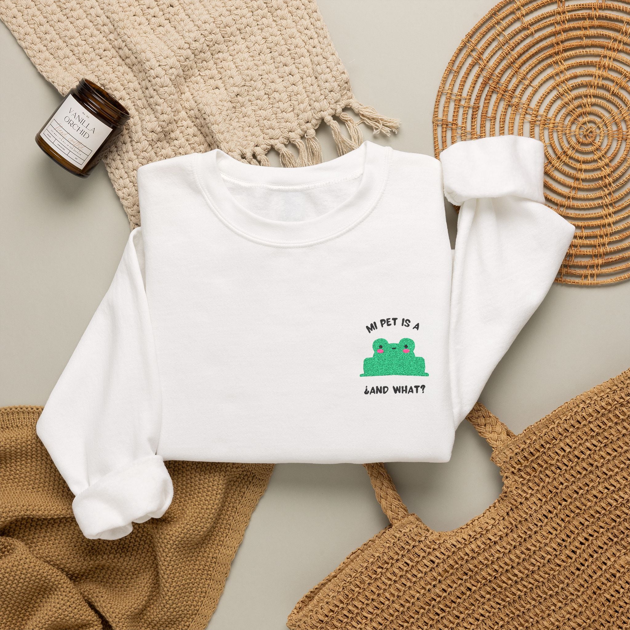 Crewneck Sweatshirt — Cute Green Frog “Ribbit” Pocket Graphic