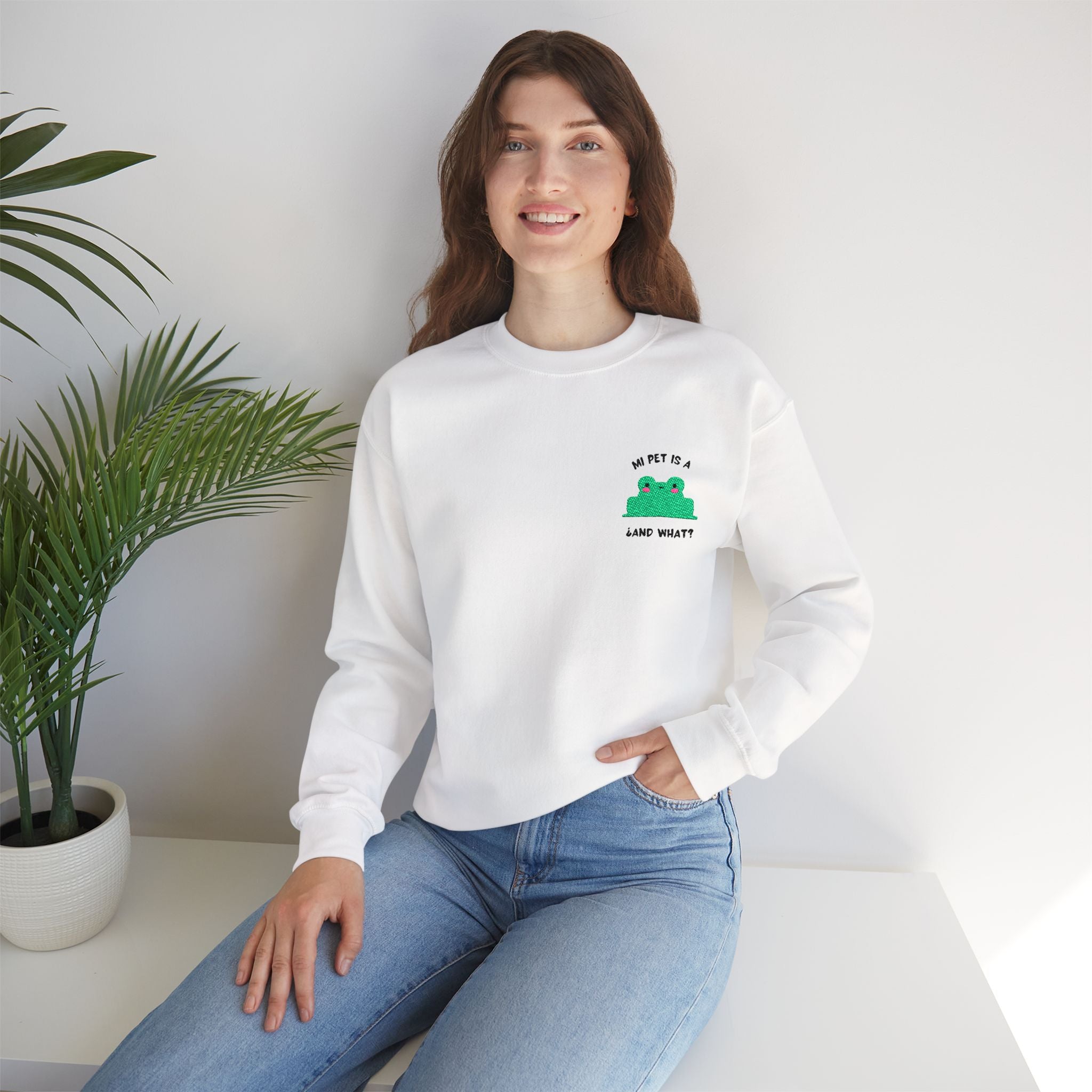 Crewneck Sweatshirt — Cute Green Frog “Ribbit” Pocket Graphic