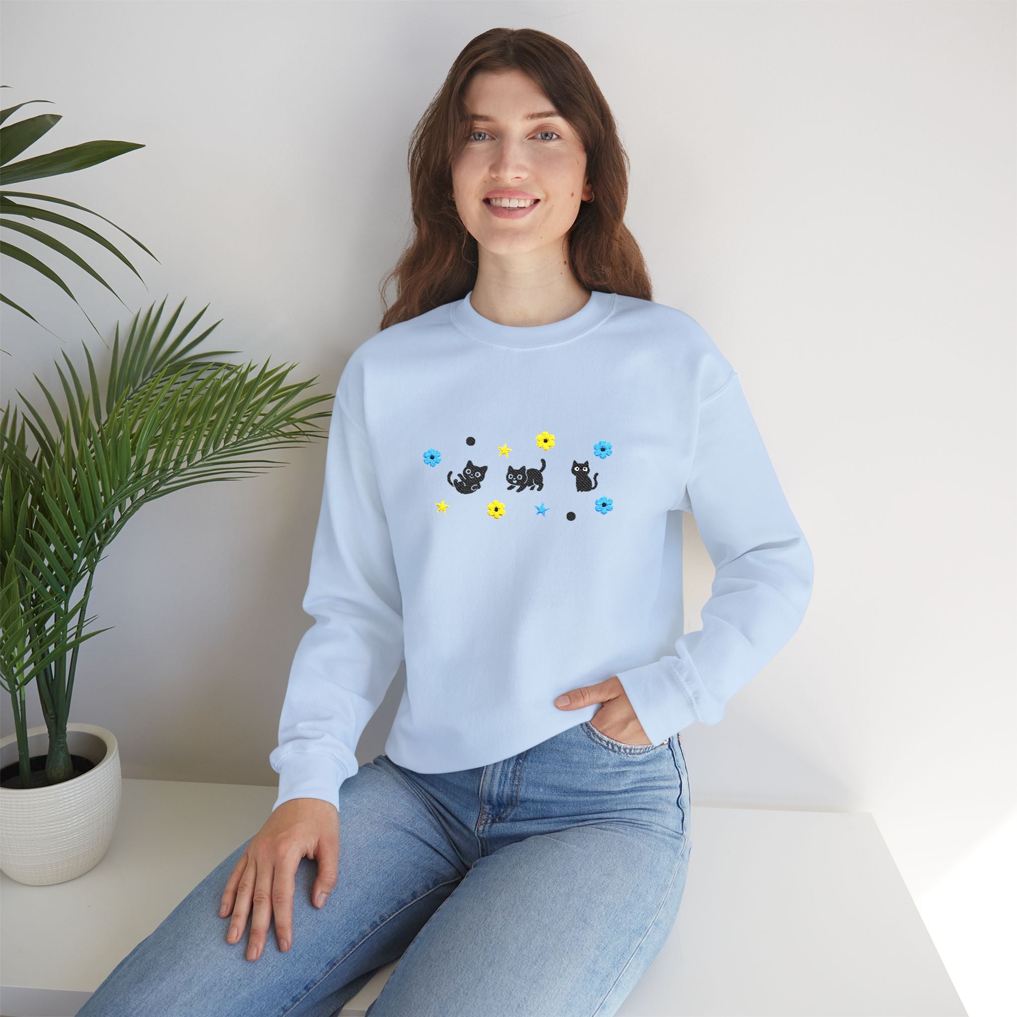 Cute Cat Pattern Crewneck Sweatshirt — Black Kittens with Stars & Flowers