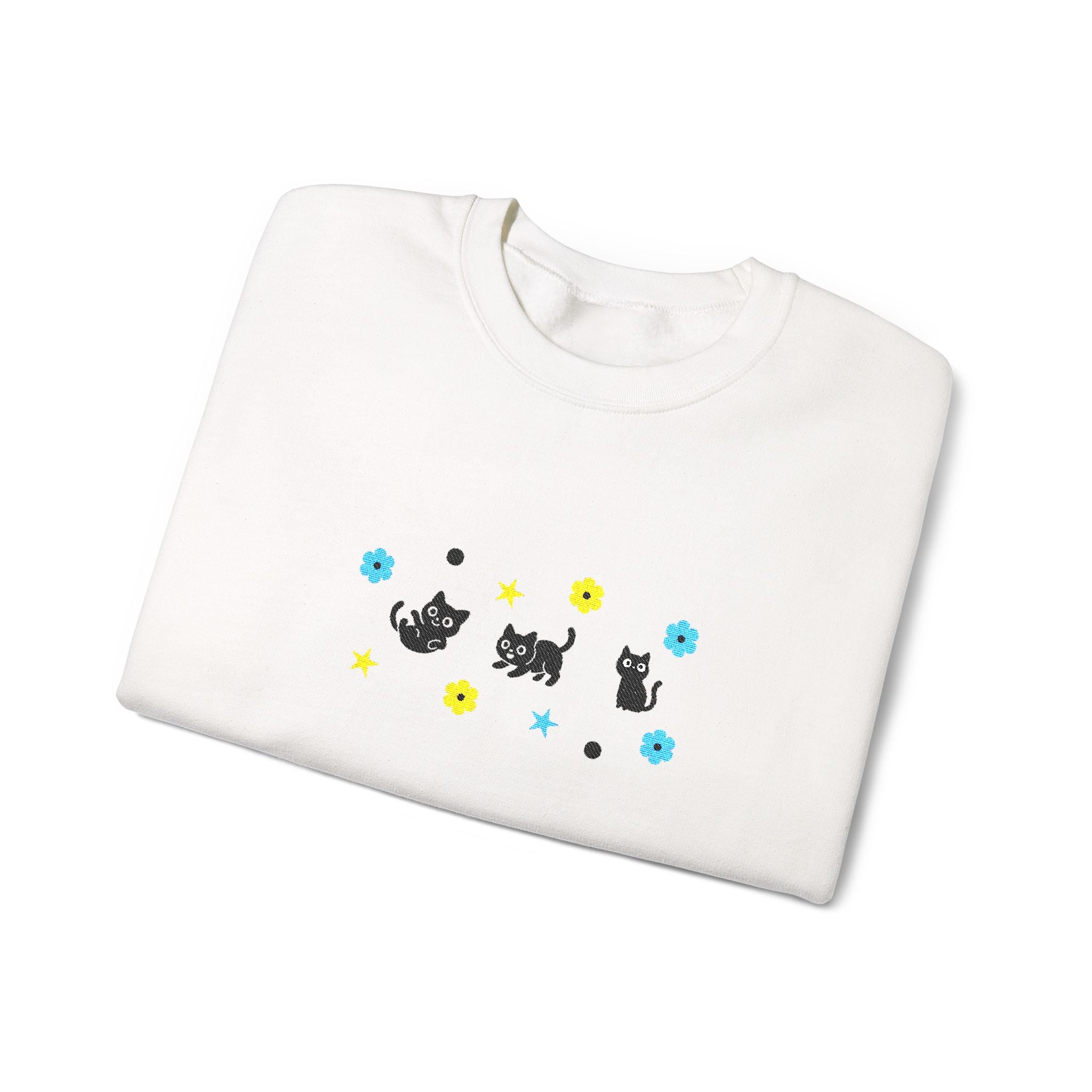 Cute Cat Pattern Crewneck Sweatshirt — Black Kittens with Stars & Flowers