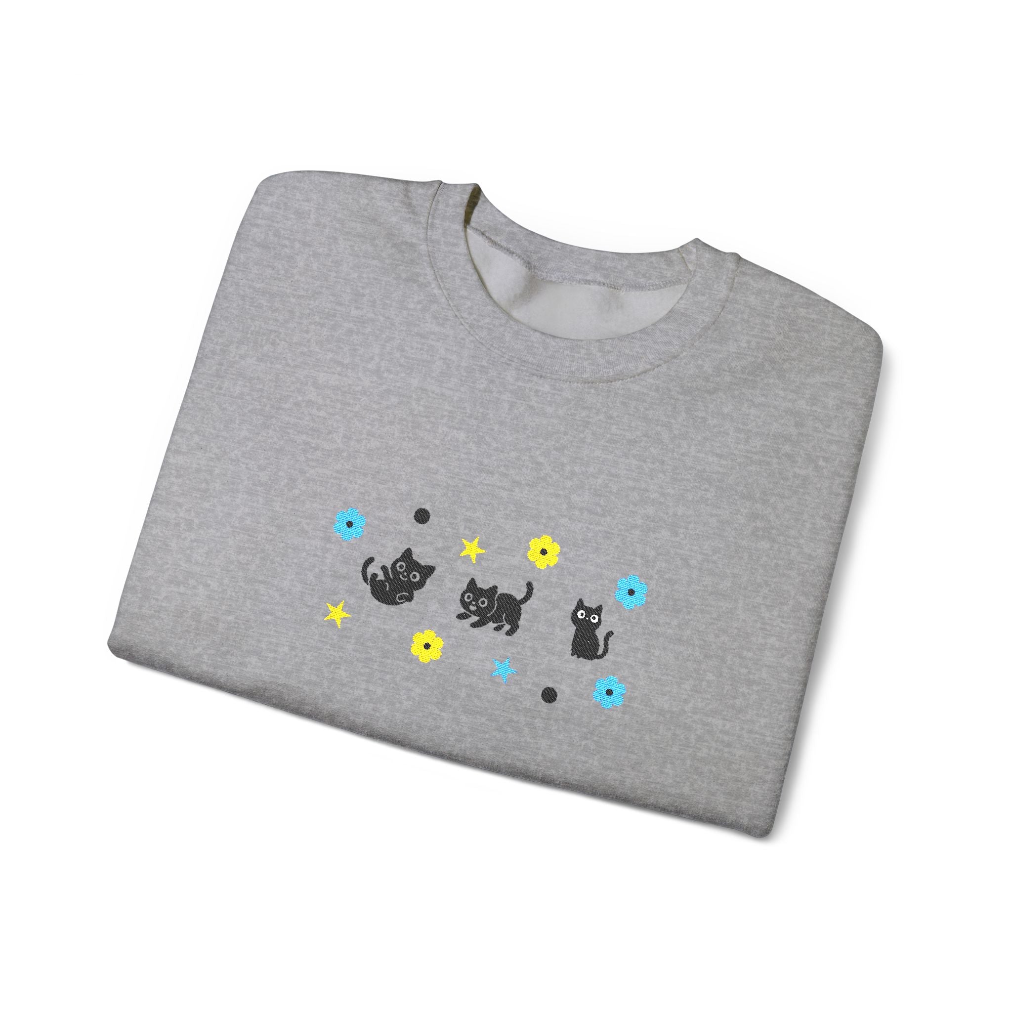 Cute Cat Pattern Crewneck Sweatshirt — Black Kittens with Stars & Flowers