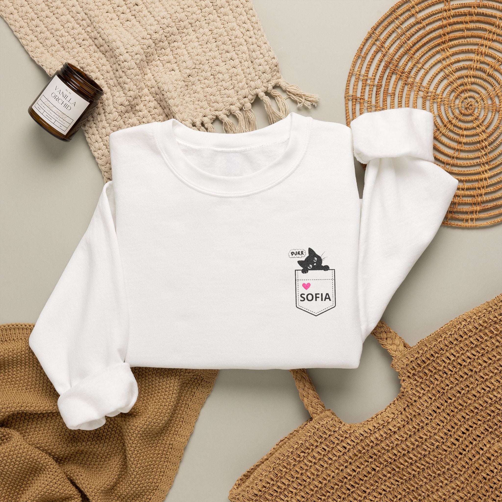 Pocket Cat Crewneck Sweatshirt — Personalized 'Sofia' Pocket Design