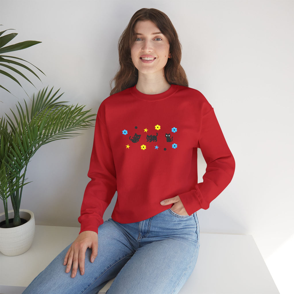 Cute Cat Pattern Crewneck Sweatshirt — Black Kittens with Stars & Flowers