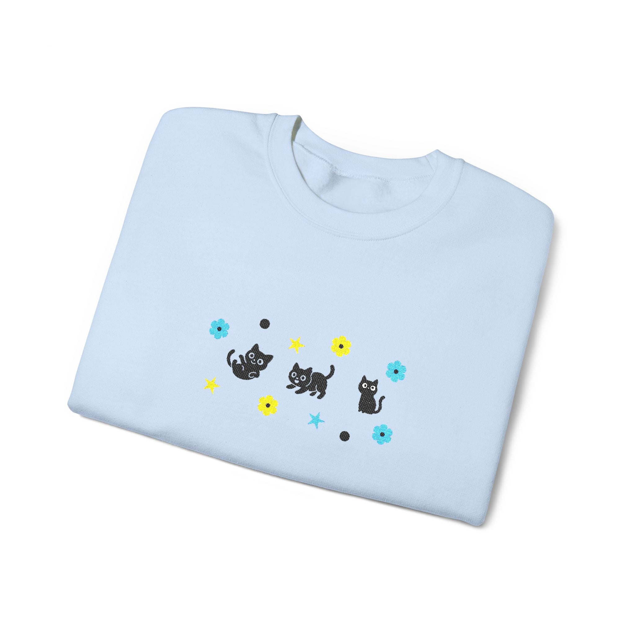 Cute Cat Pattern Crewneck Sweatshirt — Black Kittens with Stars & Flowers