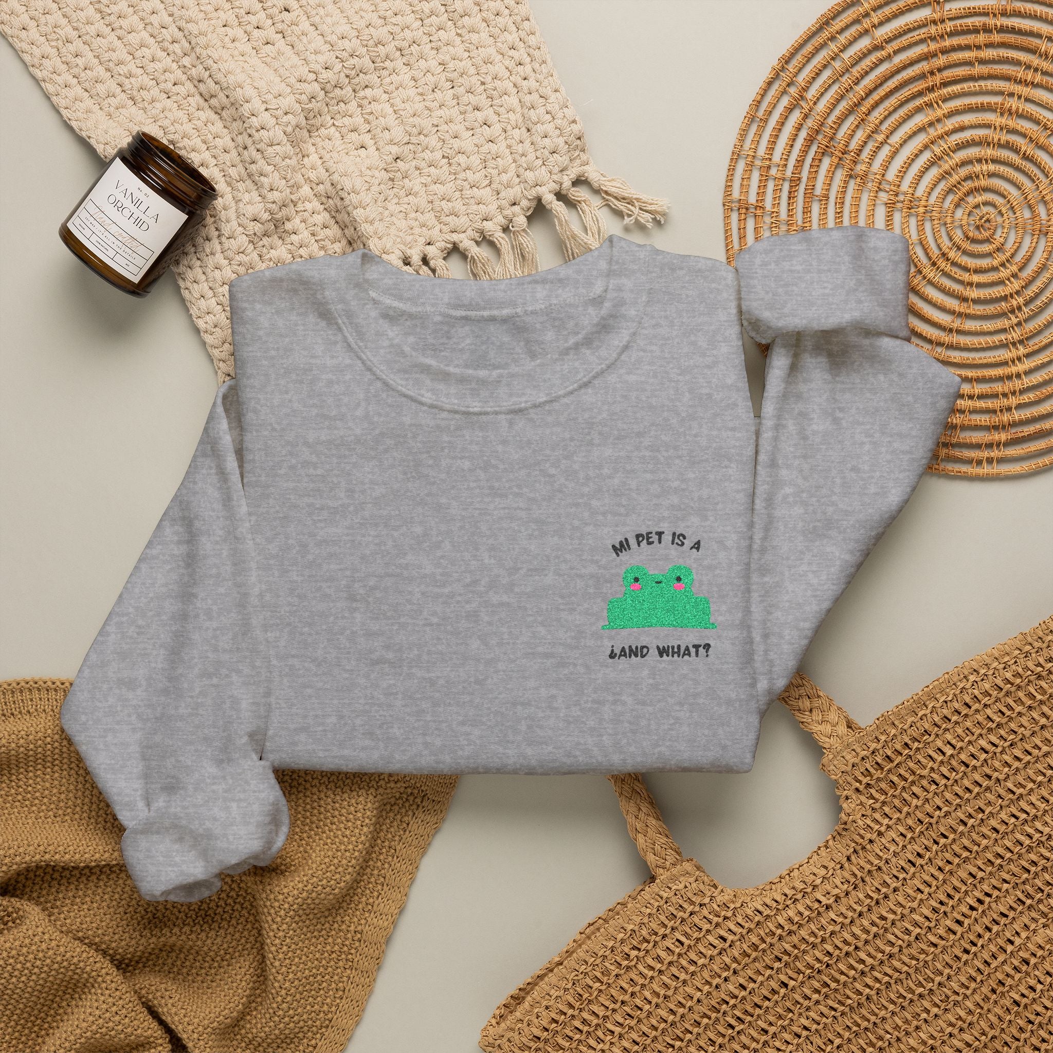Crewneck Sweatshirt — Cute Green Frog “Ribbit” Pocket Graphic