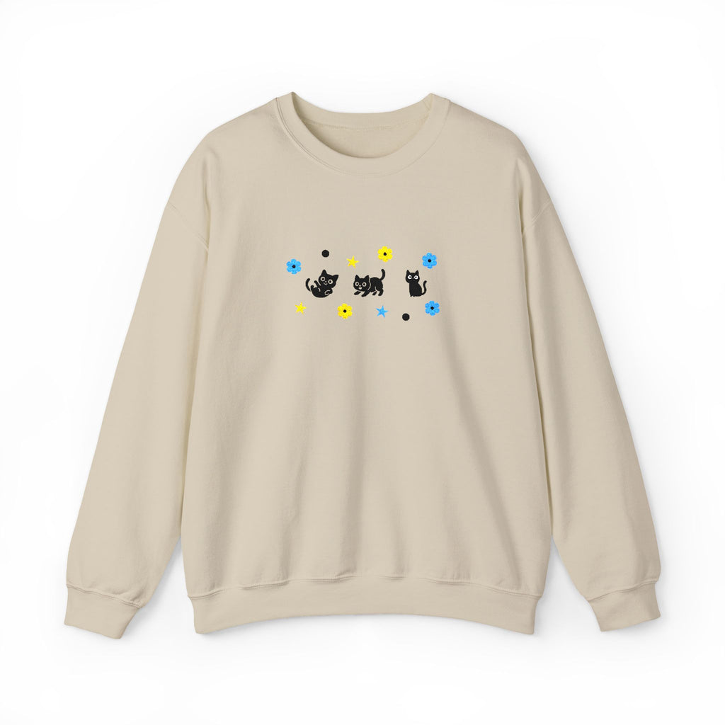 Cute Cat Pattern Crewneck Sweatshirt — Black Kittens with Stars & Flowers