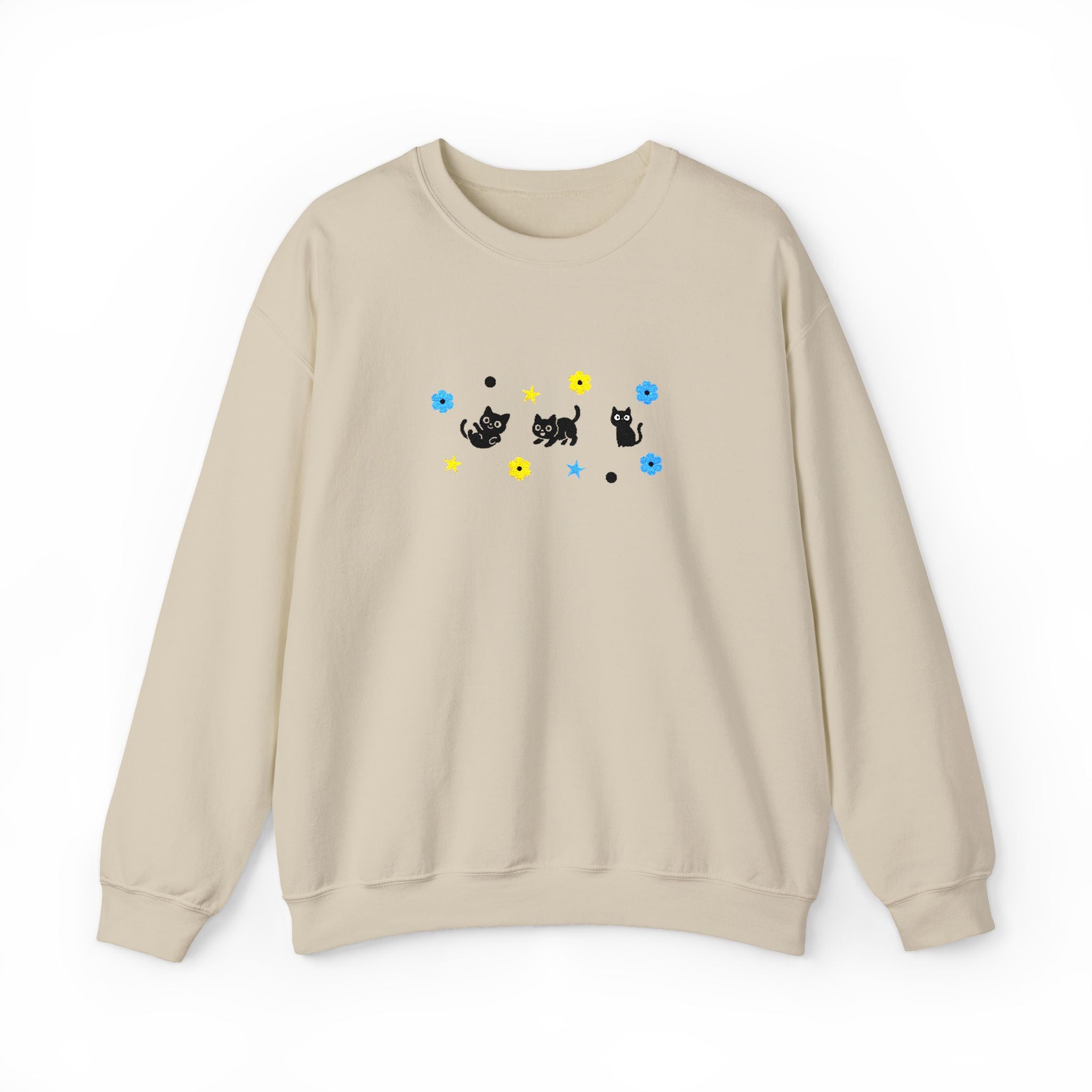 Cute Cat Pattern Crewneck Sweatshirt — Black Kittens with Stars & Flowers