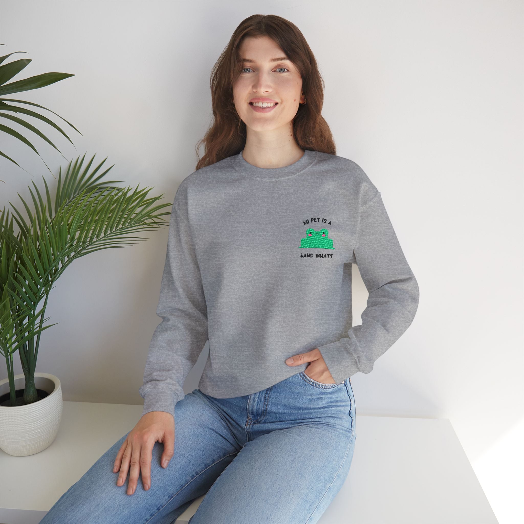 Crewneck Sweatshirt — Cute Green Frog “Ribbit” Pocket Graphic