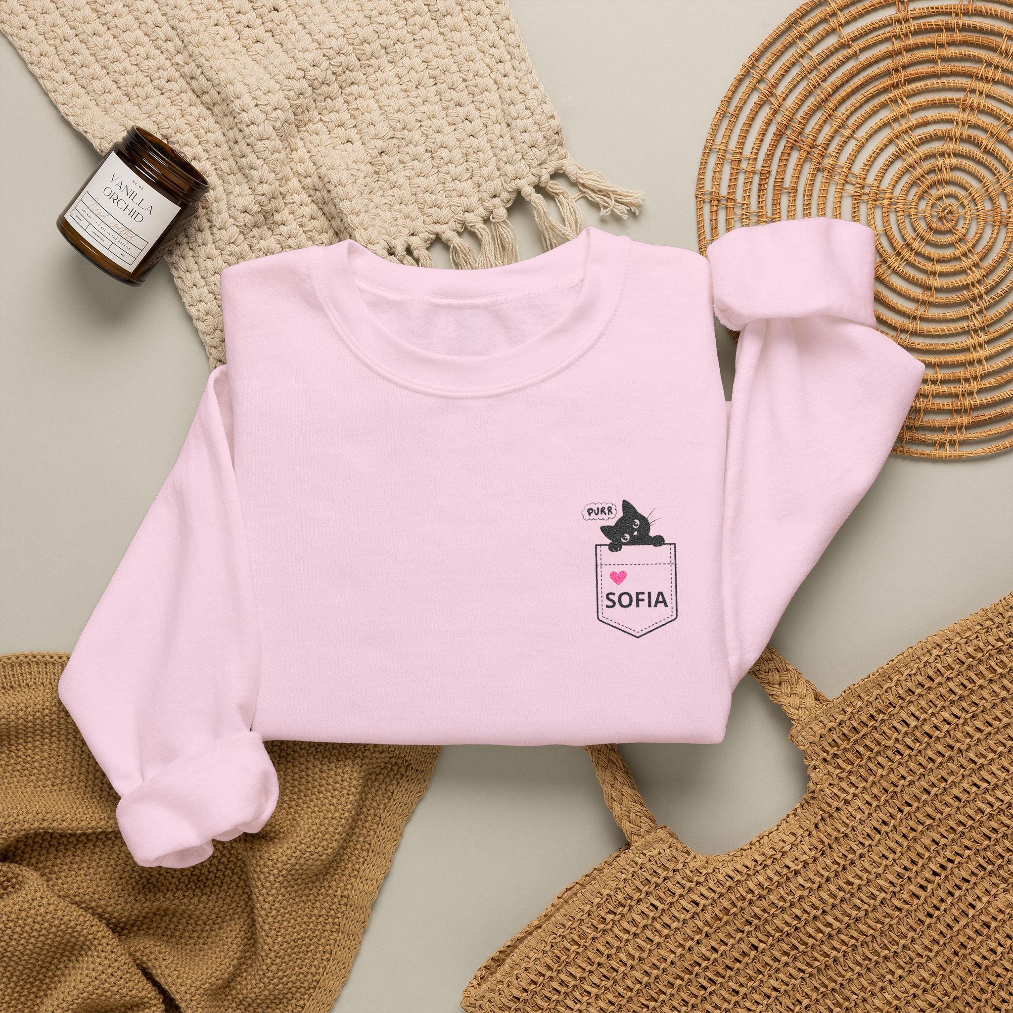 Pocket Cat Crewneck Sweatshirt — Personalized 'Sofia' Pocket Design