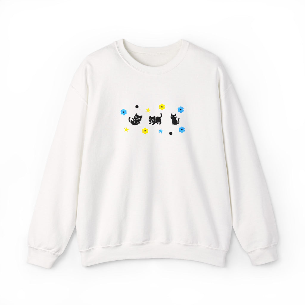 Cute Cat Pattern Crewneck Sweatshirt — Black Kittens with Stars & Flowers