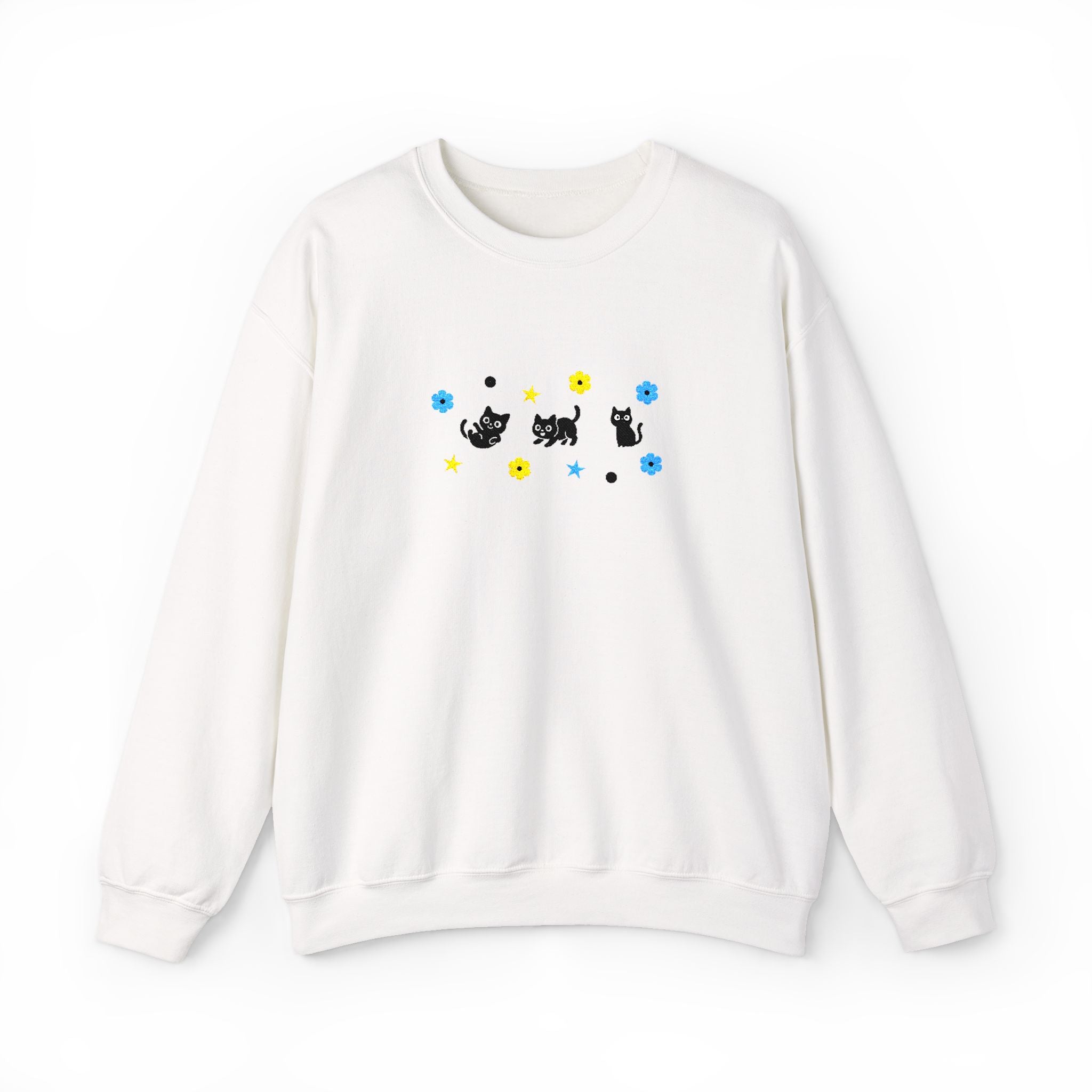 Cute Cat Pattern Crewneck Sweatshirt — Black Kittens with Stars & Flowers